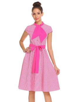 

Red Women Casual Lace Up O-Neck Cap Sleeve A-Line Pleated Swing Retro Style Dress with Belt, Multicolor