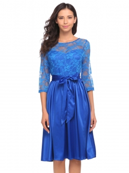 

Women O Neck 3"4 Sleeve Vintage Style Lace Patchwork High Waist Pleated Dress, Multicolor