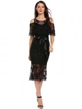 

Black Floral Lace Cold Shoulder Half Sleeve Belted Long Dress, Multicolor