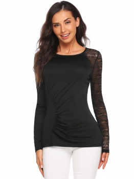 

Black Slim Long Sleeve Lace Patchwork Draped Side Fit Tops, Multicolor