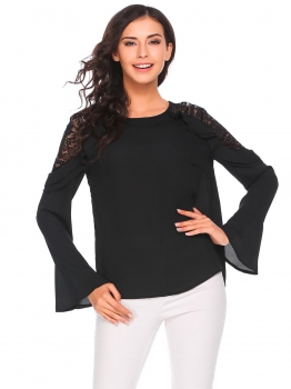 

Black Flare Long Sleeve Ruffles Lace Patchwork Loose Blouse, Multicolor