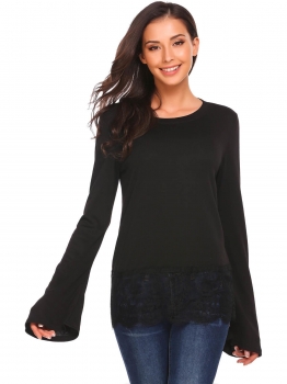 

Black Flare Long Sleeve Lace Trim Slim Fit Tops, Multicolor