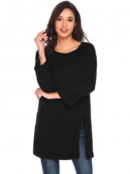

Black O-Neck Long Sleeve Solid Split Loose Fit Tops, Multicolor