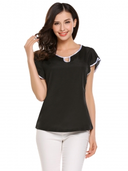 

Black Contrast Color Trim Ruffle Short Sleeve O-Neck Slim Blouse, Multicolor