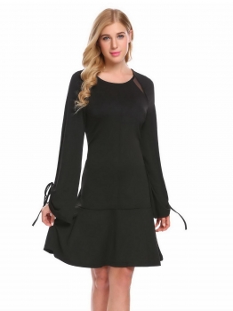 

Black Women Casual O-Neck Long Flare Sleeve Lace Up Fishtail Hem Patchwork Sexy Dress, Multicolor