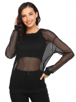 

Black O-Neck Long Sleeve Solid Hollow-out Tops, Multicolor