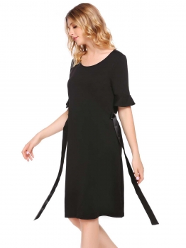 

Black O-Neck Ruffle Sleeve Solid Dress with Belt, Multicolor