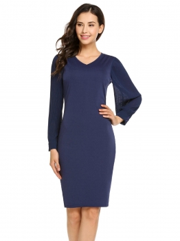 

Dark blue V-Neck Lantern Long Chiffon Sleeve Patchwork Pencil Dress, Multicolor