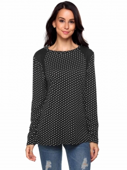 

Black Long Sleeve O Neck Suede Patchwork Dot Loose Pullover Top, Multicolor