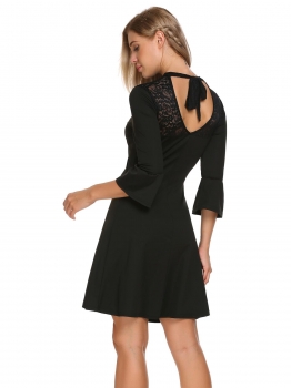 

Black Halter Flare Sleeve Lace Patchwork V-Back Mini A-line Dress, Multicolor