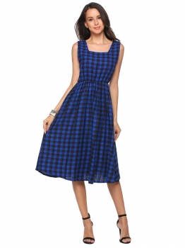 

Blue Square Collar Sleeveless Plaid A-Line Dress, Multicolor