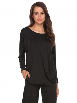 

Black Solid Loose Fit Draped O-Neck Long Sleeve Tops, Multicolor