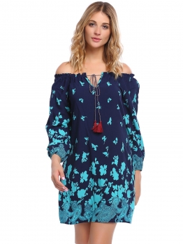 

Blue Long Sleeve Floral Off Shoulder Loose Dress, Multicolor