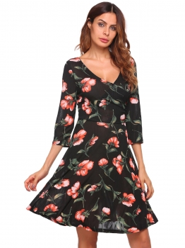 

Black 3"4 Sleeve Floral V Neck A-Line Dress, Multicolor
