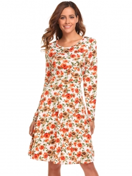 

Orange Women Casual Long Sleeve Floral Print O Neck Elegant Swing Dress, Multicolor