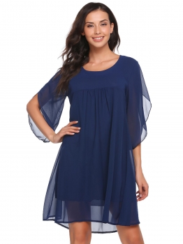 

Blue 3"4 Sleeve Solid O Neck Chiffon Dress, Multicolor