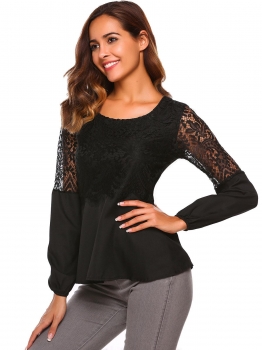 

Black Long Sleeve Lace Patchwork Slim Fit Casual Tops, Multicolor