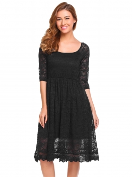 

Black Women Elegant Boat Neck 3"4 Sleeve Floral Lace Slim Party Pleated Dress, Multicolor