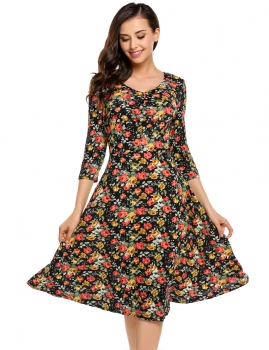 

Black V-Neck 3"4 Sleeve Floral A-Line Casual Dress, Multicolor