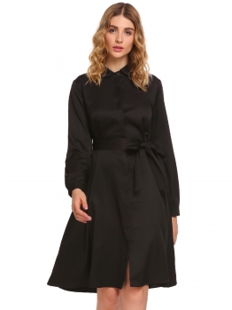 

Black Long Sleeve Solid Button-down Knee Length Shirt Casual Work Dress With Belt, Multicolor