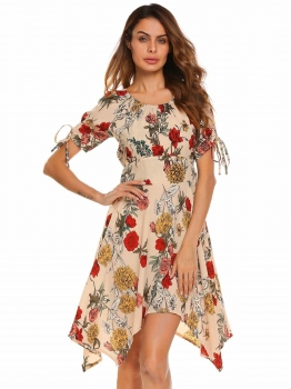 

Khaki Short Sleeve Floral Print O Neck Asymmetrical Dress, Multicolor