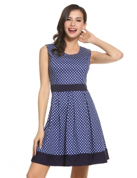 

Blue O-Neck Sleeveless Polka Dot Patchwork Pleated Dress, Multicolor