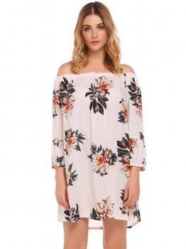 

White Off Shoulder Long Sleeve Floral Loose Dress, Multicolor