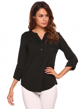 

Black Solid V-Neck Adjustable Sleeve Front Button Tops, Multicolor