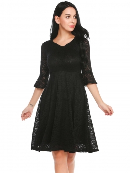 

Black Women Casual V-Neck Flare Sleeve A-Line Pleated Swing Lace Floral Sexy Dress, Multicolor