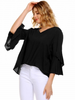 

Black Solid 3"4 Flare Sleeve V Neck Loose Tops, Multicolor