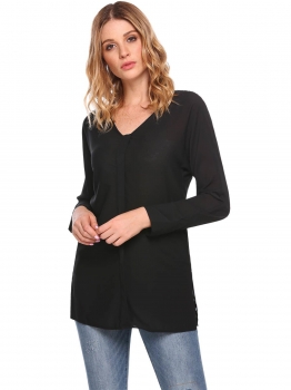 

Black V-Neck Long Shirt Sleeve Solid Pullover Chiffon, Multicolor