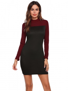 

Black Color Block Stand Collar Long Sleeve Dress, Multicolor