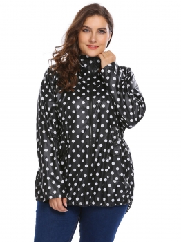 

Black Women Hooded Long Sleeve Dot Drawstring Pockets Zipper Raincoat, Multicolor