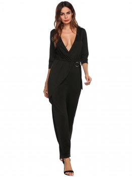 

Black Plunge 3"4 Sleeve Solid Wide Leg Jumpsuits, Multicolor
