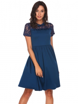 

Navy blue Peter Pan Collar Lace Patchwork Fit and Flare Dress, Multicolor