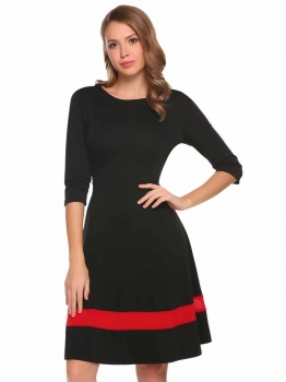 

Black Contrast Color Mesh Patchwork 3"4 Sleeve Fit and Flare Dress, Multicolor