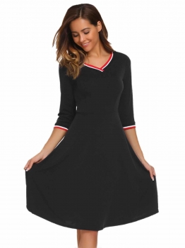 

Black V-Neck 3"4 Sleeve Patchwork Fit and Flare Dress, Multicolor
