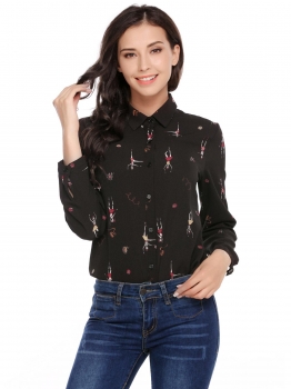 

Black Print Turn-down Collar Buttoned Asymmetrical Hem Shirts, Multicolor