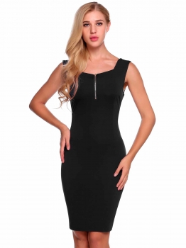 

Black Sleeveless Solid Square Neck Bodycon Pencil Dress, Multicolor