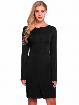 

Black Long Sleeve O Neck Buttons Front Solid Dress, Multicolor