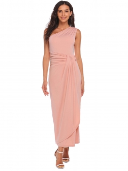 

Pink One Shoulder Ruched Waist Slim Fit Asymmetrical Maxi Wedding Dress, Multicolor