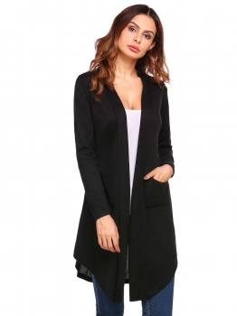

Black Solid Pockets Open Front Long Sleeve Knit Cardigan, Multicolor