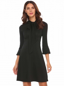 

Black Solid Bow Tie Neck Flare Sleeve Slim A-Line Dress, Multicolor