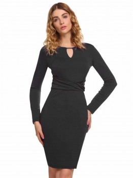

Black Keyhole Front Long Sleeve Draped Pencil Dress, Multicolor