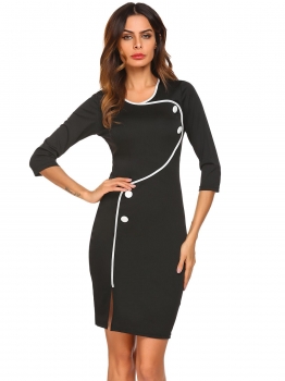 

Black Women Fashion V-Neck 3"4 Sleeve Bodycon Slim Pencil Mini Dress Contrast Color, Multicolor