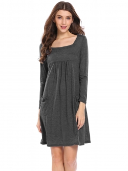 

Dark gray Square Neck Long Sleeve Loose Pockets Dress, Multicolor