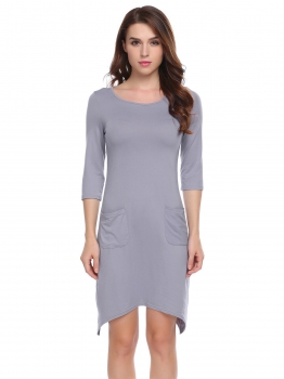 

Dark gray O-Neck 3"4 Sleeve Solid Asymmetric Dress, Multicolor