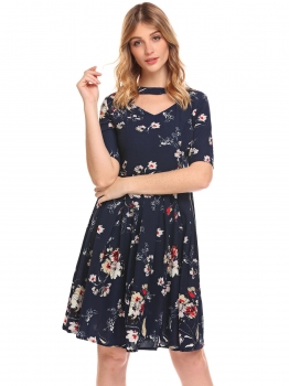 

Blue Women Casual V-Neck Floral Pleated A-Line Dress, Multicolor