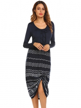 

Navy blue Lace Up Neck Long Sleeve Patchwork Fit Evening Dress, Multicolor