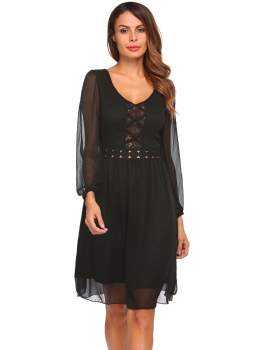 

Black V-Neck Long Lantern Sleeve Lace Loose A-Line Chiffon Dress, Multicolor